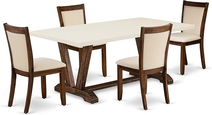 East West Furniture V727MZN32-5 5 Piece Dinette Set Includes a Rectangle Dining Room Table with V-Legs and 4 Light Beige Linen Fabric Parsons Dining Chairs, 40x72 Inch, Multi-Color