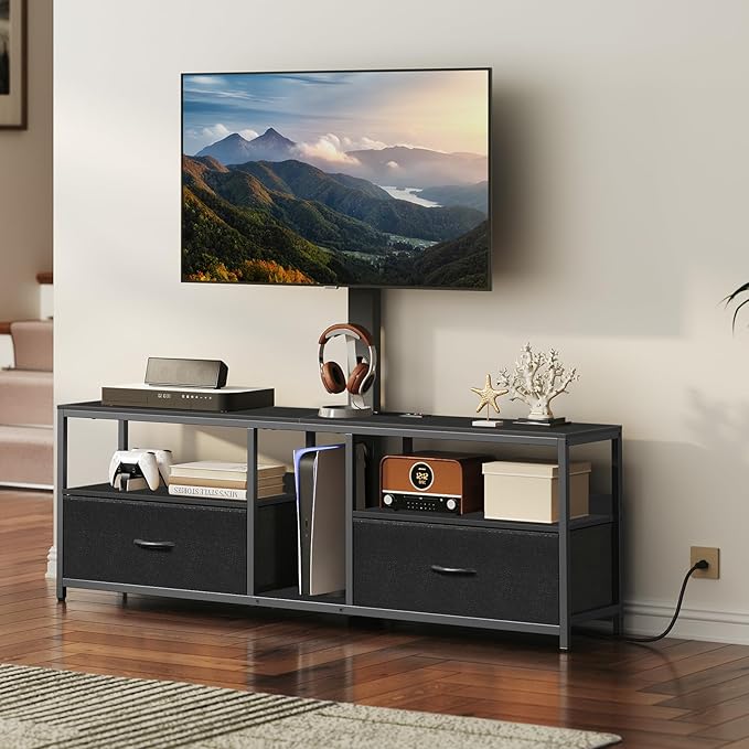 TV Stand with Mount for up to 65", Entertainment Center with Switch-Controlled Charging Station, Swivel TV Stand Mount with Fabric Drawers, for Living Room, Black TVBK154E01