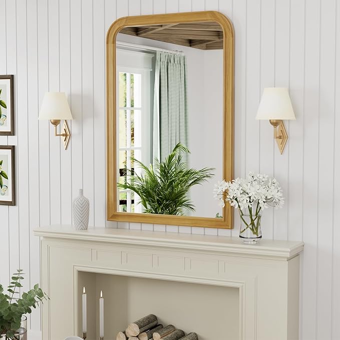 WallBeyond Wood Bathroom Mirror 20" x 30" Wooden Arched Wall Mirror Farmhouse Style Bathroom Vanity Mirror for Home Decor Rectangle Mirror (Natural)