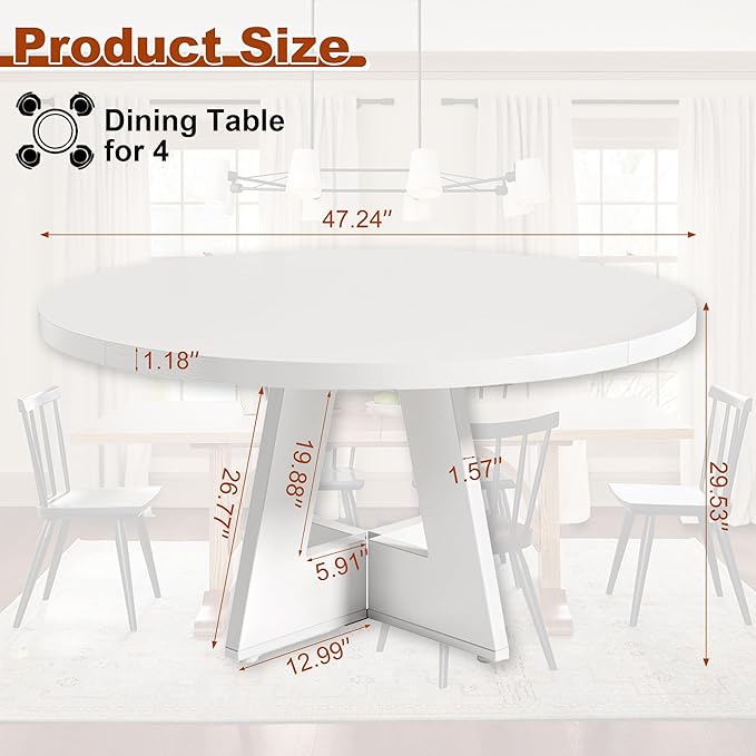 Round Dining Table for 4, 47 Inch Dinner Table Farmhouse Wooden Circle Kitchen Tables with Cross Base for Dining Room, Kitchen, Living Room, White