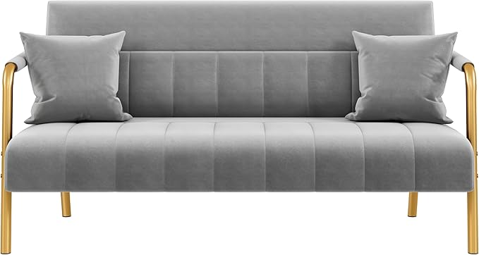 Yaheetech 56.5" W Modern Sofa Small Sofa Luxurious Velvet Fabric Couch with Gold-Tone Metal Arms and Legs for Living Room, Home Office, Studio Light Gray