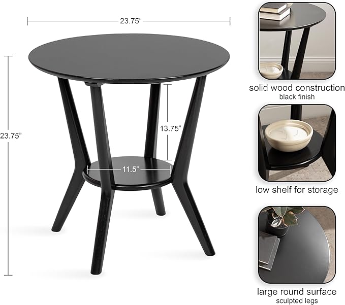 Kate and Laurel Nylah Round Wooden Side Table; 24 x 24 x 24; Black; Modern Tiered Circle Living Room Table with Solid Wood Construction for Use as Bedroom Nightstand