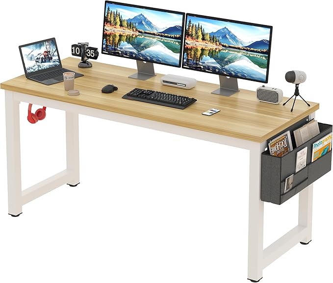 Large Computer Desk - 63 Inch Home Office Desks Study Student Writing Table Gaming Desk Wood Modern Simple Table with Storage Bag & Headphone Hooks, Rustic White