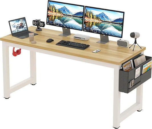 Large Computer Desk - 63 Inch Home Office Desks Study Student Writing Table Gaming Desk Wood Modern Simple Table with Storage Bag & Headphone Hooks, Rustic White