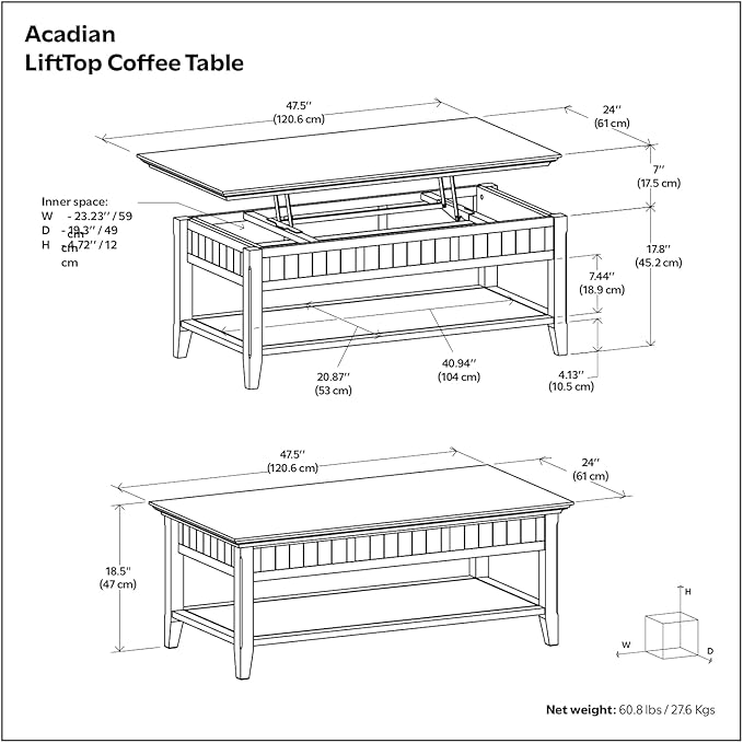 SIMPLIHOME Acadian Lift Top Coffee Table - 48 inch Wide Solid Wood Transitional Pop-up Cocktail Table in Brunette Brown, Classic Living Room Table with Lift-up Storage Compartment and Open Shelf