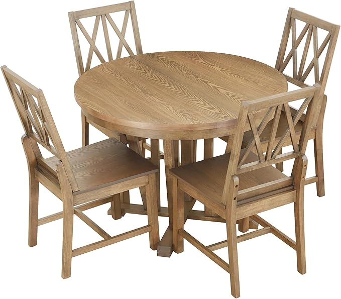 Ball & Cast Rustic 5-Piece Extendable Dining Table Set for 4,Round Trestle Table and 4 Cross Back Chairs,15.8" Removable Leaf,Wood Kitchen Sets,Intimate Gatherings or Larger Gatherings,Brown