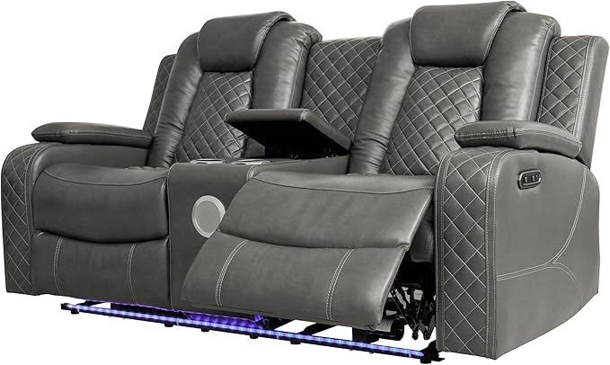 Ball & Cast Power Recliner Sofa Set Leather Reclining Sofa Set Living Room Furniture Set 3PCS Recliner Couch Loveseat & Chair Sets with Wireless Charging,Bluetooth Speaker,Cup Holders for Home Theater