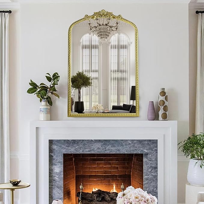 Gold Vintage Mirror, Arched Antique Mirror with Ornate Frame for Bathroom Wall, Living Room, Fireplace, 39.5x26 Inch.