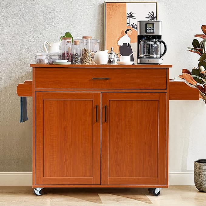 COSTWAY Kitchen Island Cart, Rolling Storage Trolley Cart with Lockable Rubber Wheels, Large Cabinet, Drawer, Spice Rack and Towel Rack, Kitchen Serving Utility, 3-Position Adjustable Shelf (Cherry)