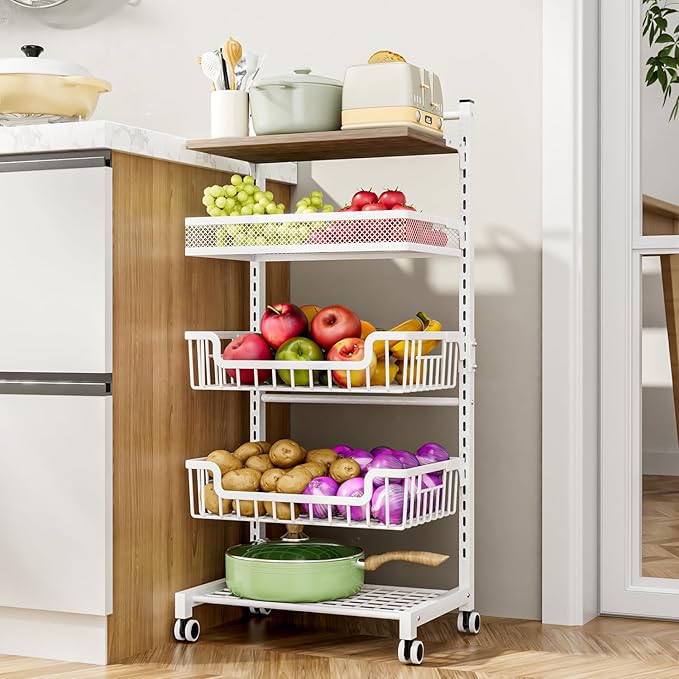 HapiRm Fruit Basket Kitchen Cart - 5 Tier Adjustable Vegetable Storage Rack, Large Capacity Rolling Kitchen Carts on Wheels for Snack Onion and Potato Storage