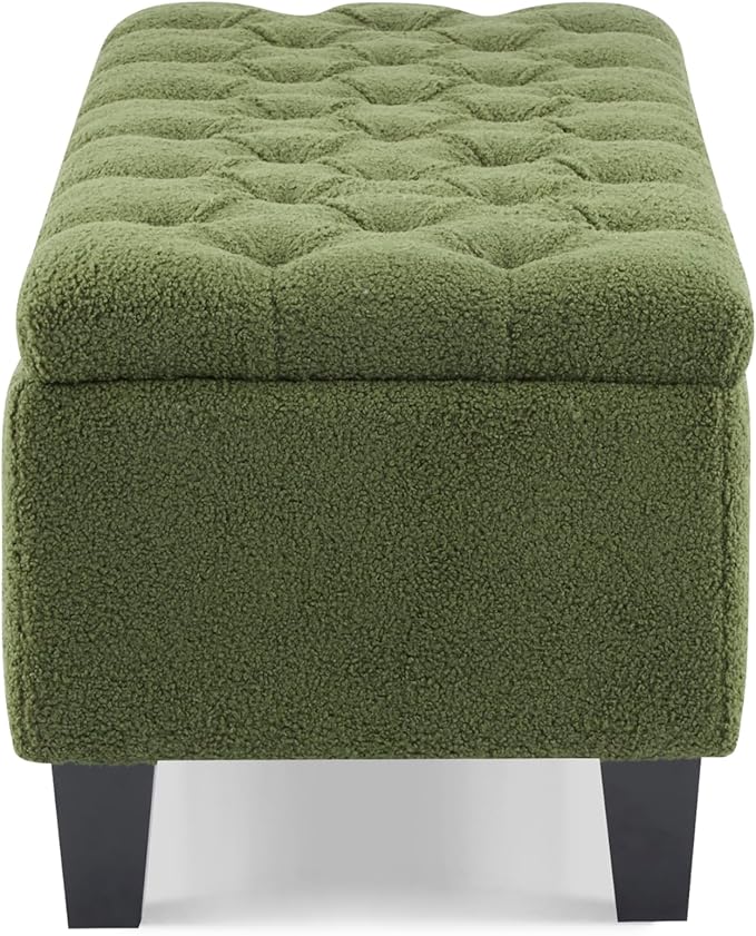 Christopher Knight Home Ottilie Boucle Fabric Storage Ottoman Bench, Wooden Rectangular Ottoman with Storage, Bedroom End of Bed Foot Stool, Entryway Ottoman Footrest, Living Room Extra Seat, Green