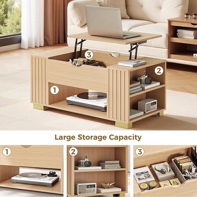 COMHOMA Lift Top Coffee Tables for Living Room, 39" Center Table with Hidden Storage Compartment, Adjustable Wooden Tea Table for Small Spaces, Natural Oak