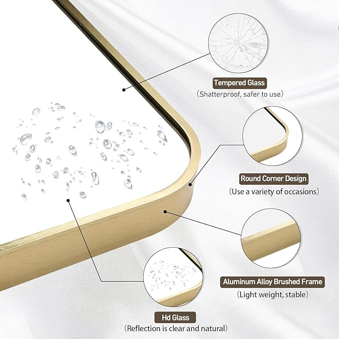 Gold Bathroom Mirror, 40x30 Inch Brushed Gold Mirror, Aluminum Alloy Framed Rectangle Bathroom Mirror for Over Sink, Anti-Rust Wall Mirror (Horizontally or Vertically)