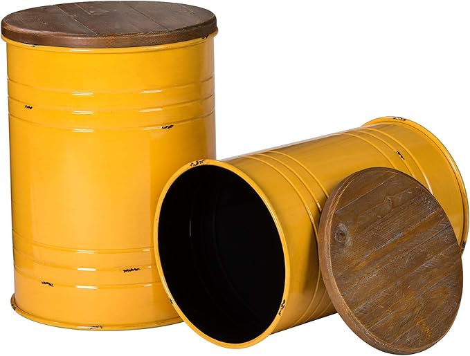 Glitzhome Farmhouse Accent Side Table, Metal Storage Stool Ottoman with Round Lid - Galvanized Coffee Cocktail End Tables Set of 2 for Living Room Bedroom, Yellow