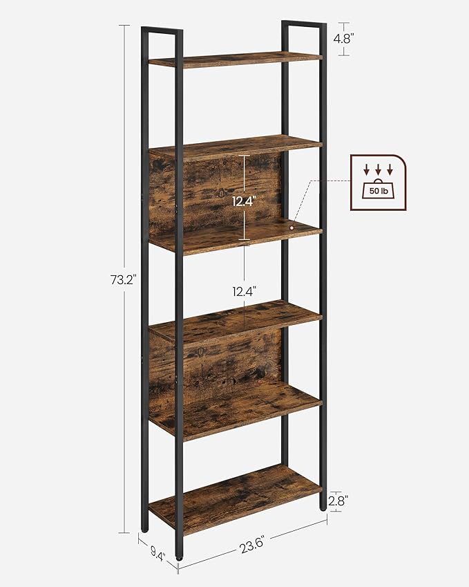 VASAGLE 6-Tier Bookshelf, Book Shelf, Industrial Bookcase, with Steel Frame, for Living Room, Home Office, Bedroom, 9.4 x 23.6 x 73.2 Inches, Rustic Brown and Black ULLS113B01