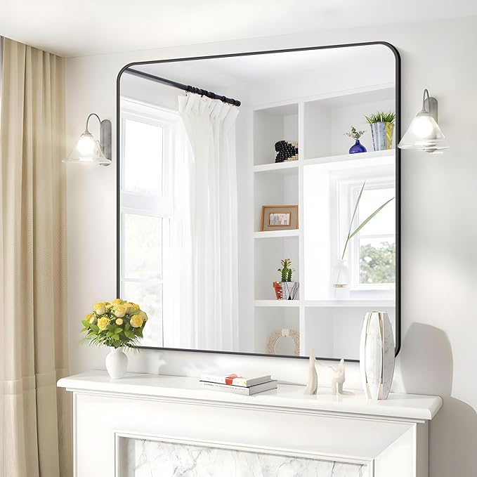 39" x 39"Bathroom Mirror, Matte Black Wall Mirror with Metal Frame, Decorative Rectangular Vanity Mirror for Bedroom Bathroom Living Room Entryway (Horizontal/Vertical)
