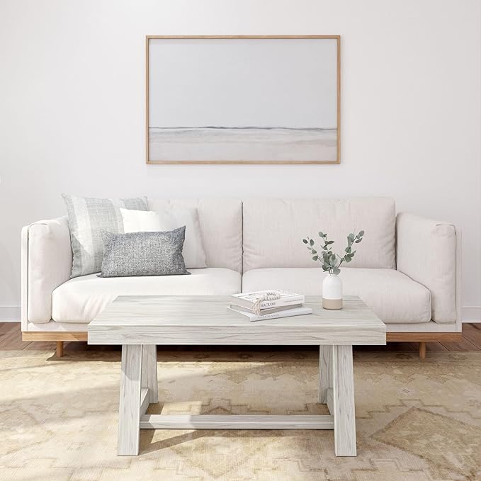 Plank+Beam Classic Rectangular Coffee Table, 40 Inch Farmhouse Coffee Table, Mini Center Tables for Small Spaces, Small Living Space Tea Table, White Sand Wirebrush