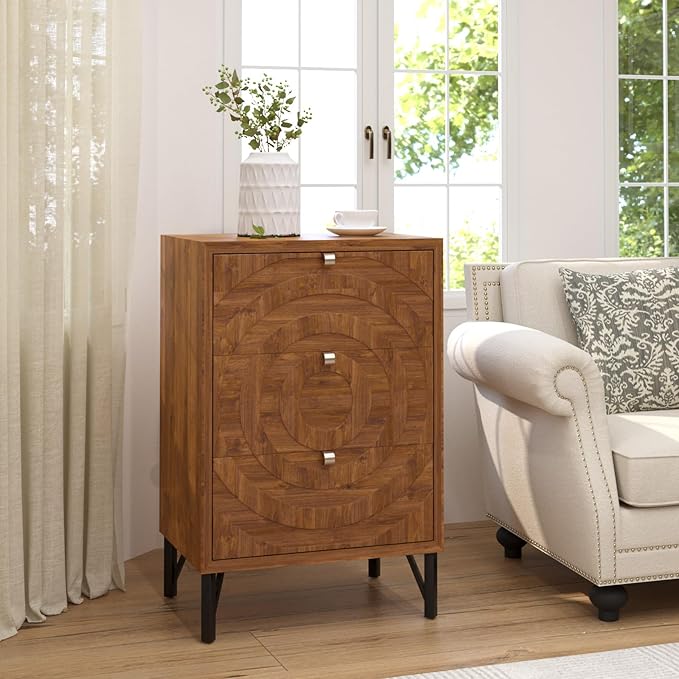 COSIEST Nightstand, Rustic End Table with 3 Drawers, Vintage Wood Bedside Table with Strudy Legs, Modern Side Table Accent Nightstand for Bedroom, Living Room(Brown,2 Pieces)