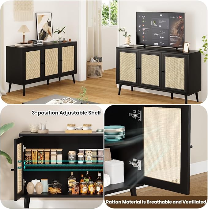 Rattan Entryway Table, Entertainment Center with Adjustable Shelf, Sideboard Buffet Cabinet with 3 Rattan Doors, Modern Console Cabinet with Large Storage for Living Room, Kitchen, Black