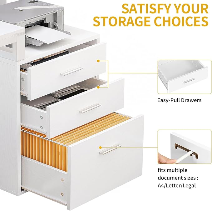 DWVO L Shaped Desk with Drawers, 65" Computer Desk with Power Outlets & LED Lights, Corner Home Office Desk with Storage Shelves & Printer Stand, White