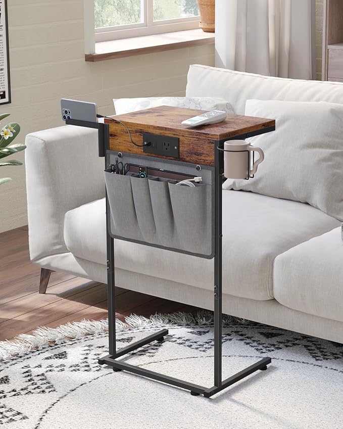 C Shaped End Table with Charging Station, Small TV Tray with Cup Holder and Phone Holder, Couch Side Tables that Slide Under with Storage Bag for Sofa, Recliner, Rustic Brown
