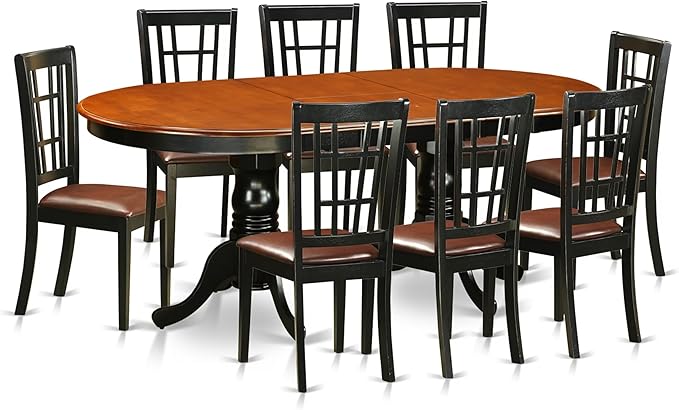 East West Furniture PLNI9-BCH-LC 9 Piece Dining Room Table Set Includes an Oval Wooden Table with Butterfly Leaf and 8 Faux Leather Kitchen Dining Chairs, 42x78 Inch, Black & Cherry