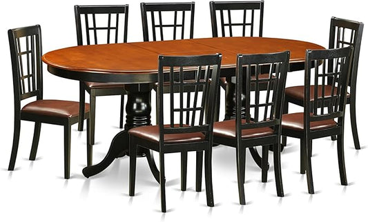 East West Furniture PLNI9-BCH-LC 9 Piece Dining Room Table Set Includes an Oval Wooden Table with Butterfly Leaf and 8 Faux Leather Kitchen Dining Chairs, 42x78 Inch, Black & Cherry