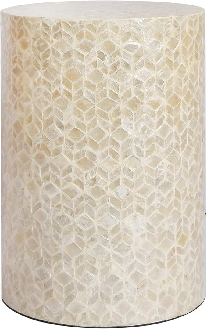 PEMAR Capiz Shell Cylinder Drum End Table Nacre Side Table Stool Round Drum Accent Coffee Bedside Nightstand and Vanity Stool (White Cream)