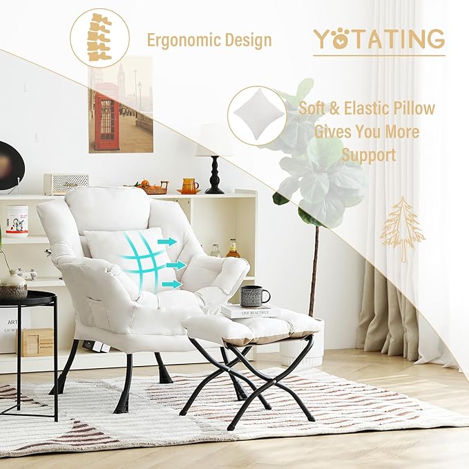 Lazy Chair with Ottoman, Comfy Reading Lounge Chair with Footstool & Throw Pillow Modern with Armrests & Side Pocket for Living Room, Bedroom, Dorm Room, Beige