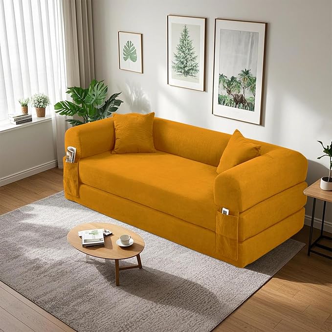 80" Convertible Sofa Bed, Corduroy Deep Seat Folding Pull Out Couch with Pillows, No Assembly Modern Boneless Couch Compression Sofa in Box, Floor Sofa with Storage Pocket for Living Room,Yellow