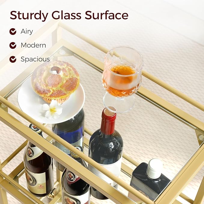 Bar Cart for The Home, 3-Tier Drink Cart on Wheels, Home Bar Serving Cart, Mini Bar Cart for Small Space, Kitchen, Dining Room, Gold RCJ40B01