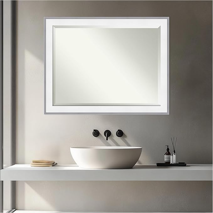 Amanti Art Bathroom Mirror for Over Sink, 27x21 Maya White Silver Rectangle Vanity Mirror, Medium Modern Contemporary Frame, Hangs Horizonally and Vertically, Bathroom Wall Decor, Beveled Edge