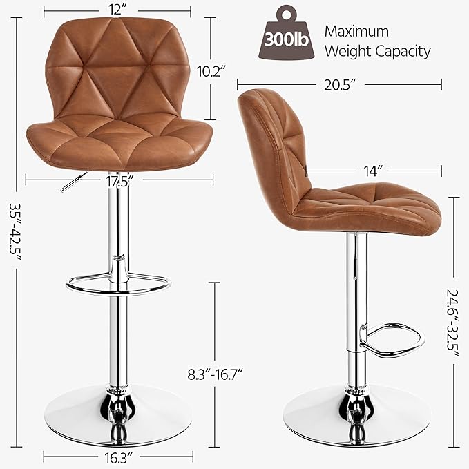 Yaheetech Barstools Set of 2, Modern Kitchen Island Stools with Backrest, PU Leather Adjustable Counter Stools for Kitchen Counter Bar, Retro Brown