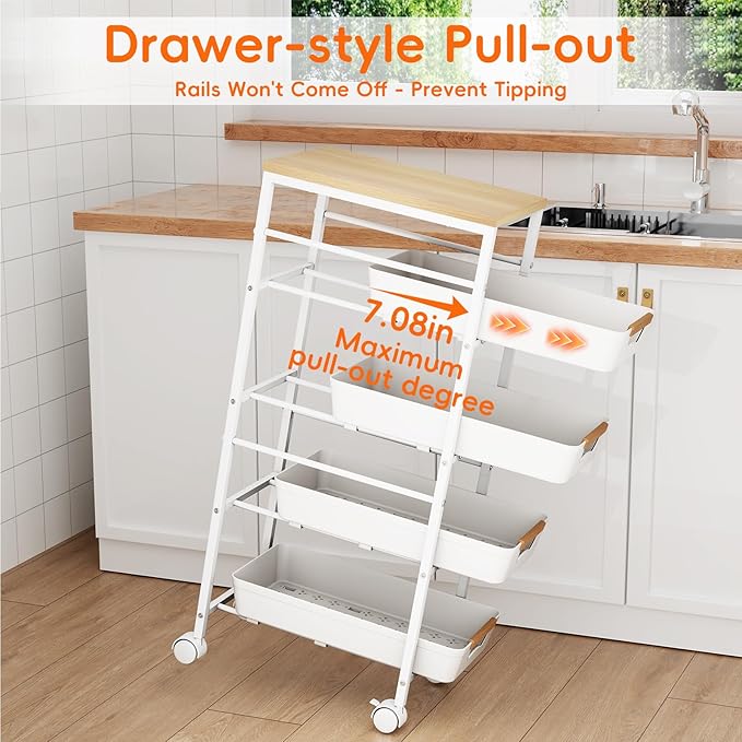 5-Tier Slim Storage Cart, Wooden Top Rolling Kitchen Cart with Pull-Out Baskets & Wheels, Narrow Space Utility Cart Slide Out Organizer for Kitchen, Bathroom, Laundry Room, White