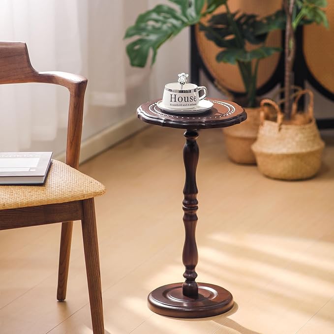 Round Side Table, Small Drink Table for Small Spaces, Solid Wood Modern End Table Accent Nightstand for Bedroom, Living Room, Corners and Office, Brown