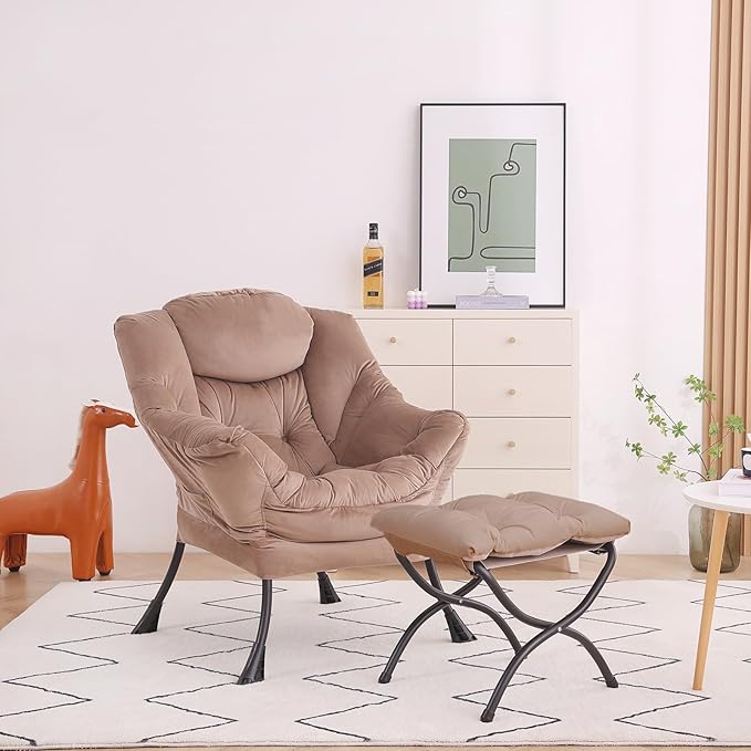 Lazy Chair with Ottoman, Modern Accent Chair Contemporary Lounge Leisure Sofa Chair with Armrests, Reading Chair and Folding Footstool Set for Living Room, Bedroom, Office, Khaki