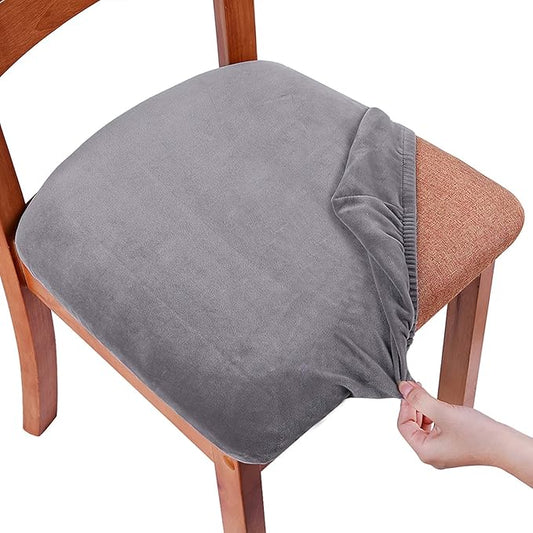 Smiry Velvet Seat Covers for Dining Room Chair Set of 6, Stretch Fit Removable Washable Chair Seat Cushion Protector Slipcovers with Ties, Grey