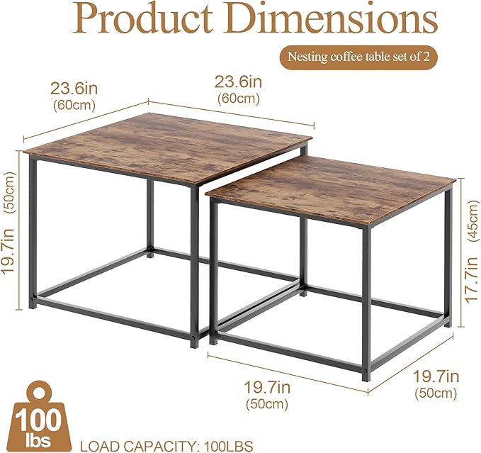 Garden 4 you Coffee Table Set of 2, Modern Engineered Wood Nesting Table, Metal Frame Square Center Table Set, Side Tables, Nesting Coffee Table for Living Room, Bedroom and Small Spaces, 23.6in Brown