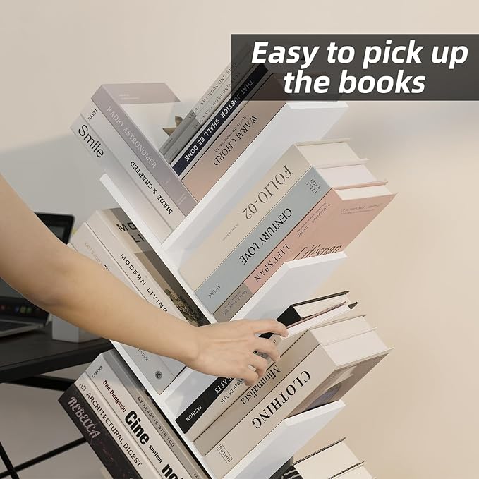 8 Tier Tree Bookshelf with Drawer, Free Standing Wood Bookcase for Living Room, Bedroom, Home Office, Space Saving Storage Organizer Bookshelves for Books, CDs, Vinyl Records- White