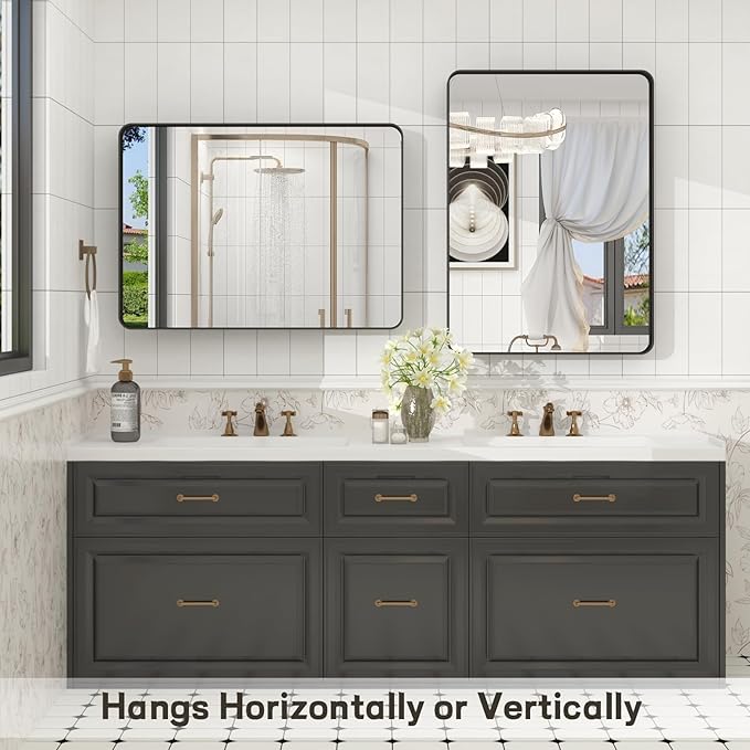 20x30 Inch Black Framed Bathroom Mirror for Wall, Matte Metal Framed Wall Mirror, Rounded Corner Rectangle Bathroom Vanity Mirror, Anti-Rust, Shatterproof (Horizontal/Vertical)