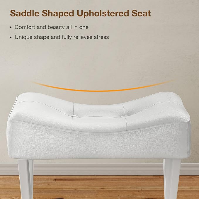 18-Inch Leather Vanity Stool Chair, Vanity Bench with Metal X-Leg, Ottoman Foot Stool with Thick Padded Saddle Seat, White