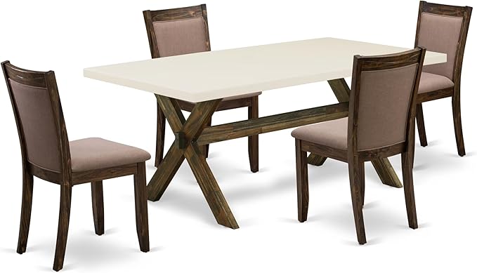 East West Furniture X727MZ748-5 5 Piece Dining Room Furniture Set Includes a Rectangle Dining Table with X-Legs and 4 Coffee Linen Fabric Upholstered Chairs, 40x72 Inch, Multi-Color