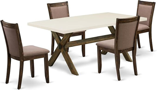 East West Furniture X727MZ748-5 5 Piece Dining Room Furniture Set Includes a Rectangle Dining Table with X-Legs and 4 Coffee Linen Fabric Upholstered Chairs, 40x72 Inch, Multi-Color