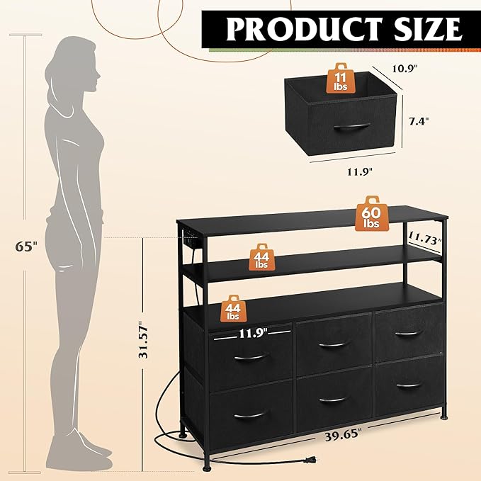 WLIVE Black TV Stand for 40, 45 inch TV, Entertainment Center with LED Lights & Charging Station, TV Media Console Table with 6 Fabric Drawers and Open Shelves for Living Room, Hallway, Wood Top