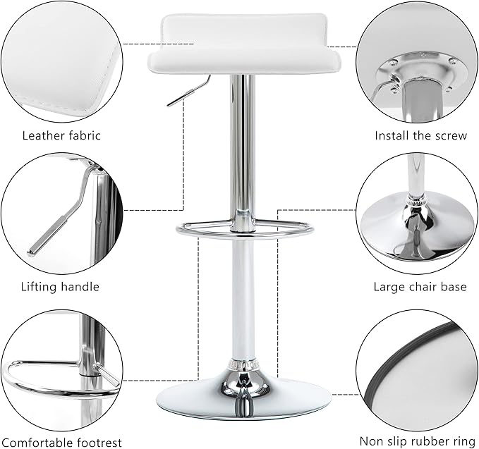 NOBPEINT Contemporary Chrome Air Lift Adjustable Swivel Bar Stool, Set of 2, White