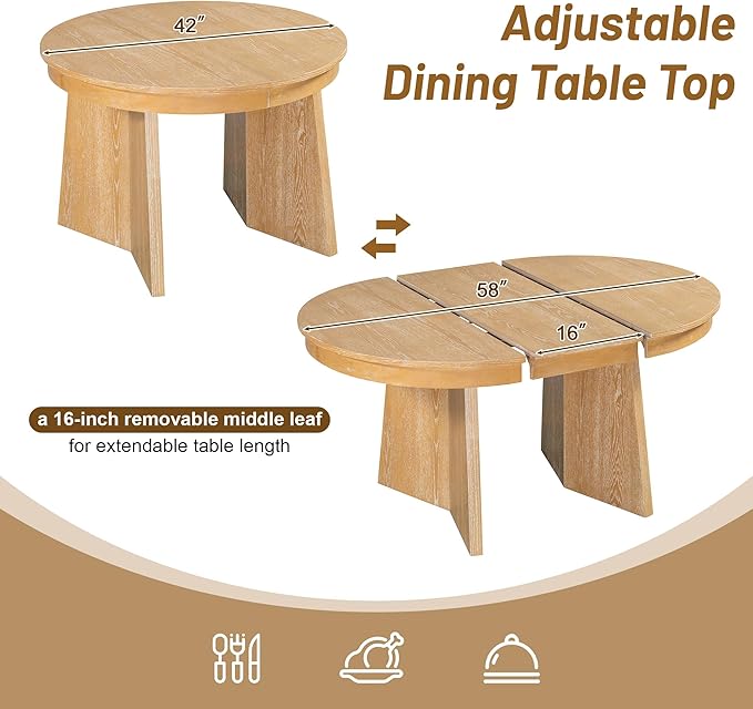 Ball & Cast Retro Dining Table Set for 4 with 4 Upholstered Chairs,5-Piece Wooden Living Room Furniture W/ 58" Round Extendable Kitchen Desk,for Small Space,Apartment,Dining Room,Natural Wood Wash