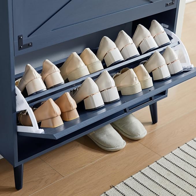 Shoe Storage Cabinet,Farmhouse Shoe Organizer with 2 Flip Drawers & Barn Door Design,Freestanding Hidden Slim Narrow Shoe Rack Cabinet for Entryway,Foyer,Hallway,Blue