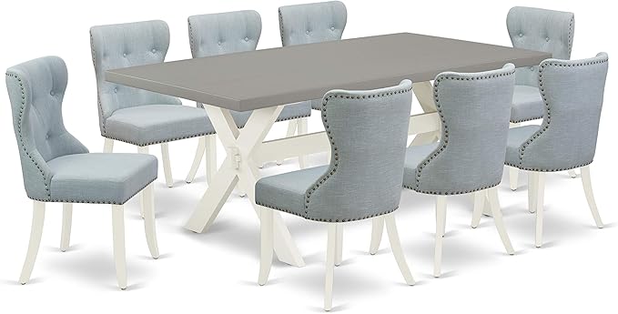 East West Furniture X097SI215-9 9 Piece Kitchen Table & Chairs Set Includes a Rectangle Dining Room Table with X-Legs and 8 Baby Blue Linen Fabric Parsons Chairs, 40x72 Inch, Multi-Color