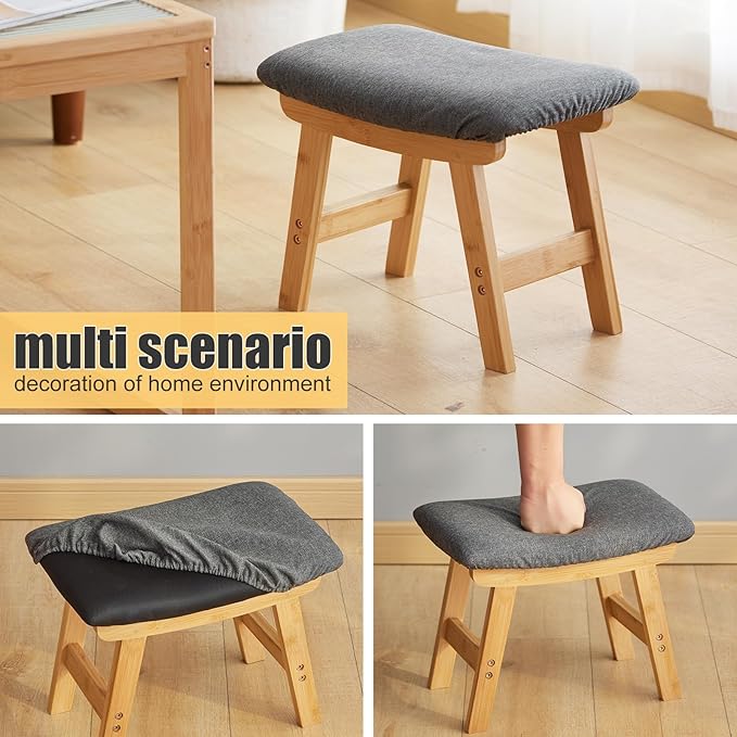 Foot Stool Ottoman Foot Rest Under Desk,Small Stool for Living Room, Bedroom and Kitchen (Natural Legs - Gray Stool Surface)