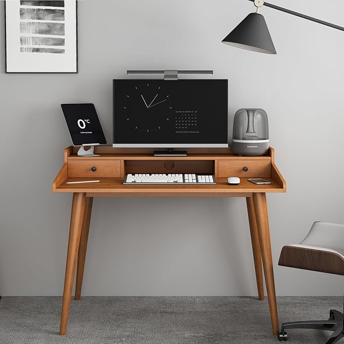 Mid Century Modern Desk, 41" Wood Home Office Writing Computer or Laptop Desk with Monitor Stand Riser and Open Storage Cubby, Vanity Desk with 2 Drawers